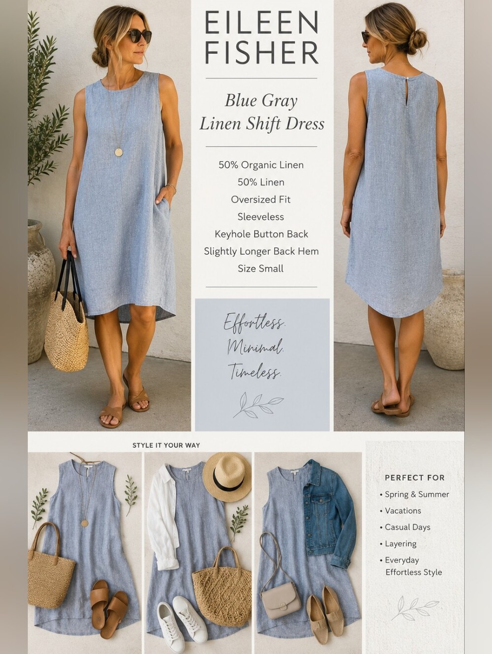 Eileen Fisher Blue Gray Linen Blend Oversized Shift Dress S